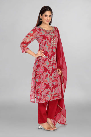 Pink Frost Floral Kurta , Neckline Mirror Work Paired With Muslin Pant And Chiffon Dupatta