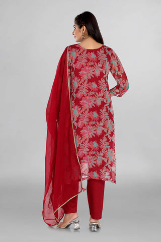 Pink Frost Floral Kurta , Neckline Mirror Work Paired With Muslin Pant And Chiffon Dupatta