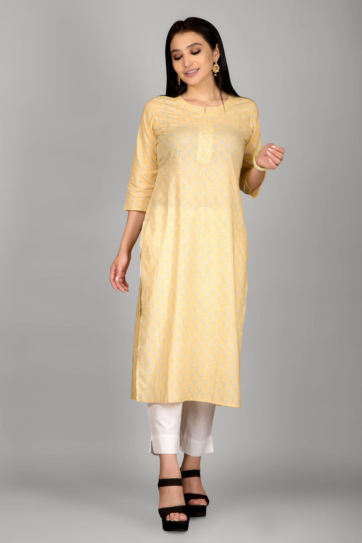 Light Yellow Casual Printed Kurta