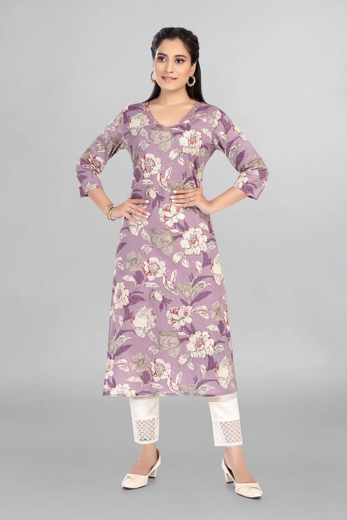 Lavender Colour Floral Printed Casual Wear Kurti