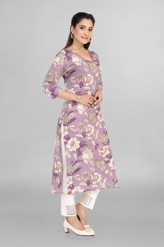 Lavender Colour Floral Printed Casual Wear Kurti