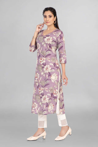 Lavender Colour Floral Printed Casual Wear Kurti