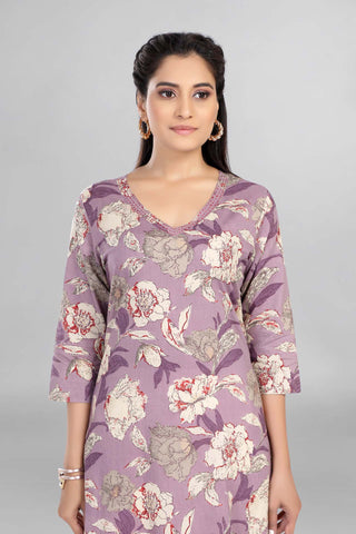 Lavender Colour Floral Printed Casual Wear Kurti