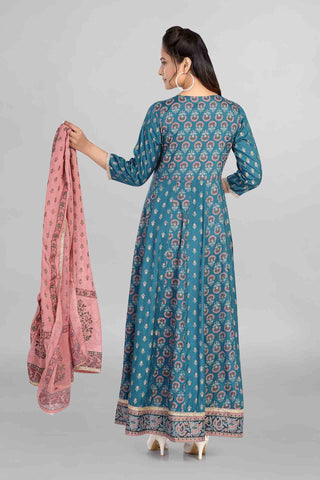 Imperial Blue Colour Printed Anarkali With Dupatta