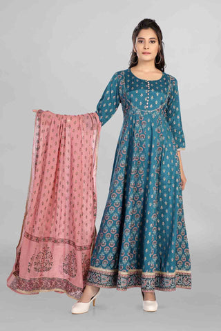 Imperial Blue Colour Printed Anarkali With Dupatta