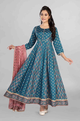 Imperial Blue Colour Printed Anarkali With Dupatta