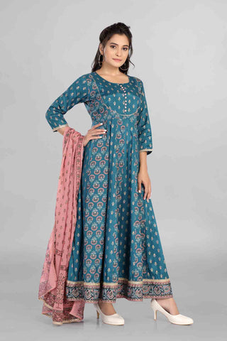 Imperial Blue Colour Printed Anarkali With Dupatta