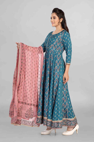 Imperial Blue Colour Printed Anarkali With Dupatta