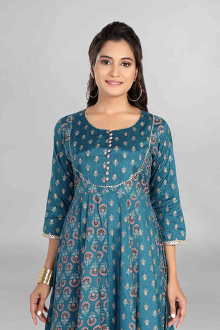 Imperial Blue Colour Printed Anarkali With Dupatta