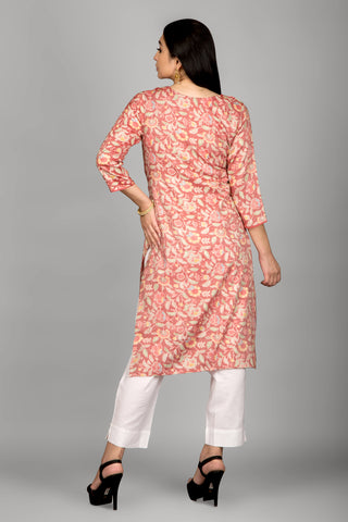 Floral Print Light Red Colour Kurta With Beautiful Piping Work