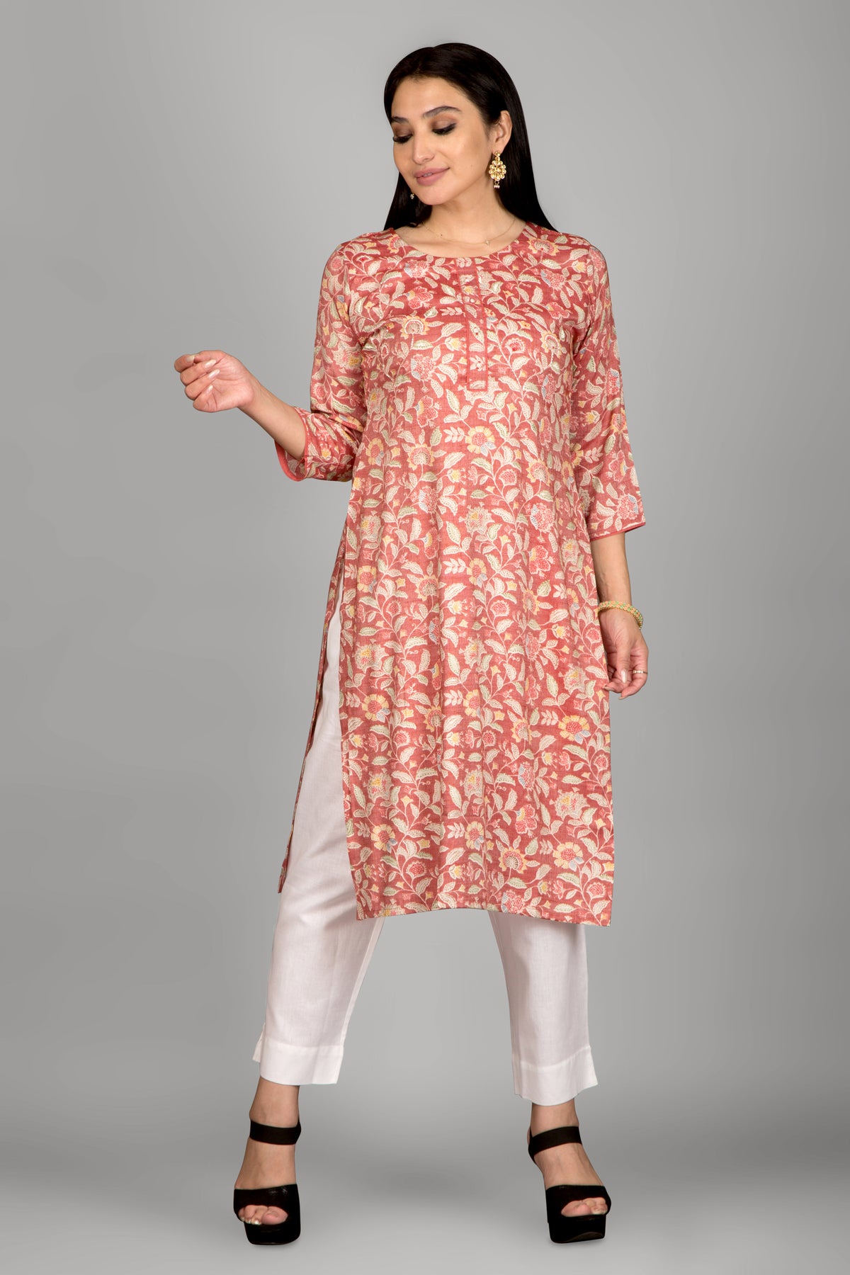 Floral Print Light Red Colour Kurta With Beautiful Piping Work