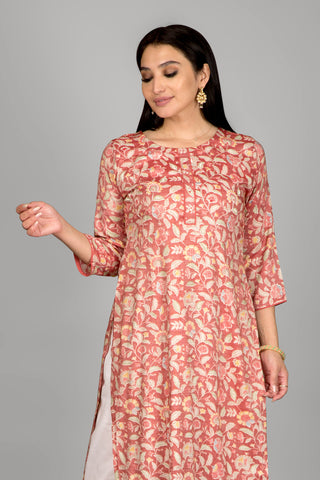 Floral Print Light Red Colour Kurta With Beautiful Piping Work