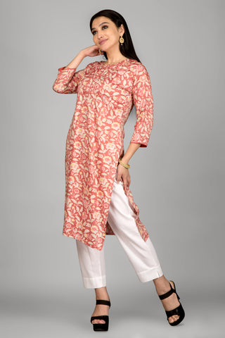 Floral Print Light Red Colour Kurta With Beautiful Piping Work