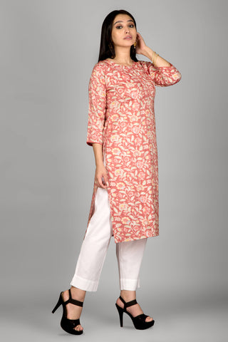 Floral Print Light Red Colour Kurta With Beautiful Piping Work