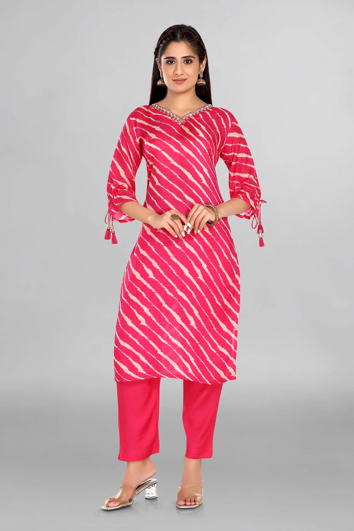 Beautiful Pink Leheriya Kurta With Neckline Work Paired With Plain Pant And Floral Dupatta