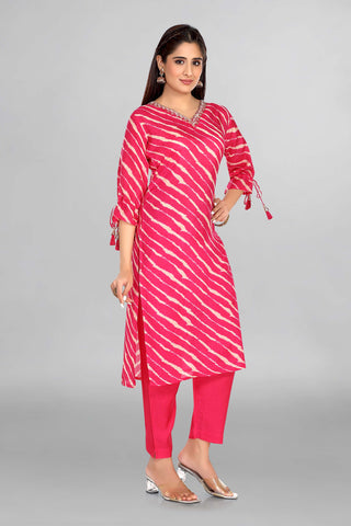 Beautiful Pink Leheriya Kurta With Neckline Work Paired With Plain Pant And Floral Dupatta