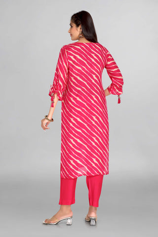 Beautiful Pink Leheriya Kurta With Neckline Work Paired With Plain Pant And Floral Dupatta