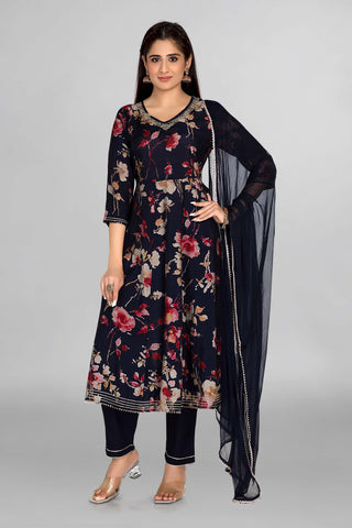 Beautiful Floral Print In Anarkali Pattern ,Neckline Work Paired With Pant And Dupatta With Gotta