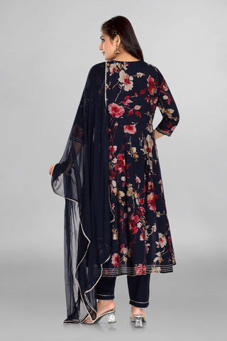 Beautiful Floral Print In Anarkali Pattern ,Neckline Work Paired With Pant And Dupatta With Gotta