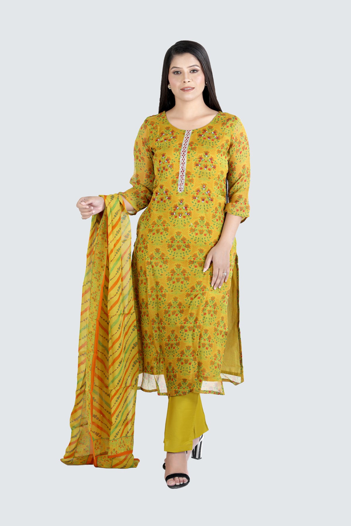 Mustard Colour Printed Kurti Paired With Pant And Dupatta