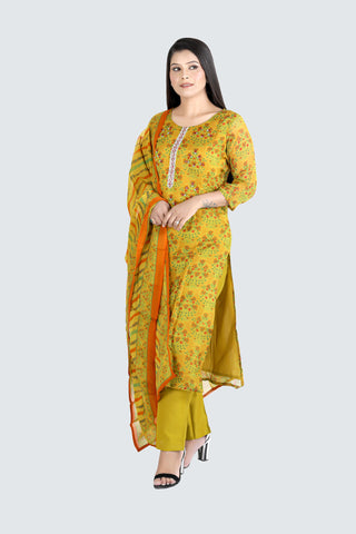 Mustard Colour Printed Kurti Paired With Pant And Dupatta