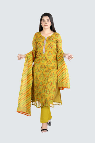 Mustard Colour Printed Kurti Paired With Pant And Dupatta