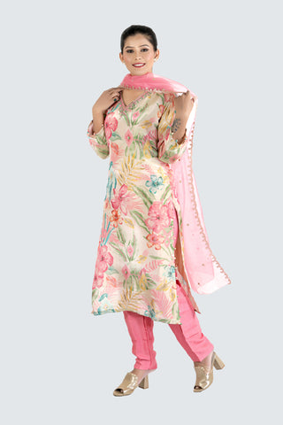 Cream Colour Printed Kurti Paired With Pant And Dupatta