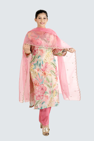 Cream Colour Printed Kurti Paired With Pant And Dupatta