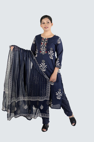 Navy Blue Colour Printed Kurti Paired With Pant And Dupatta