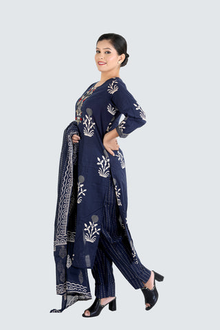 Navy Blue Colour Printed Kurti Paired With Pant And Dupatta