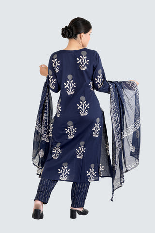 Navy Blue Colour Printed Kurti Paired With Pant And Dupatta