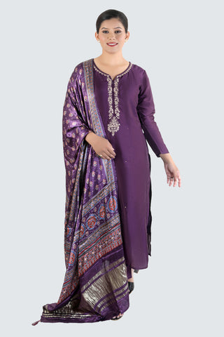 Voilet Colour Printed Kurti Paired With Pant And Dupatta