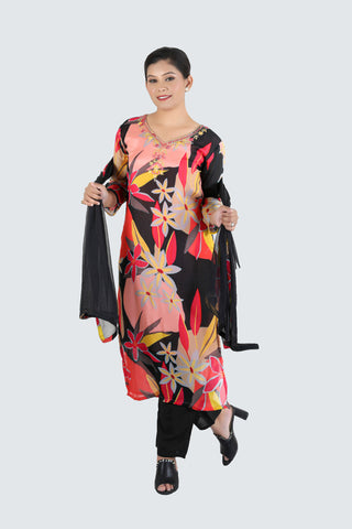 Black Colour Floral Printed Kurti Paired With Pant And Dupatta