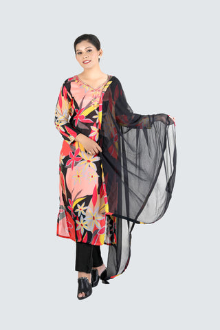 Black Colour Floral Printed Kurti Paired With Pant And Dupatta