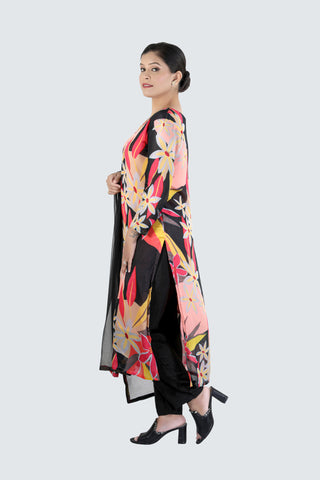 Black Colour Floral Printed Kurti Paired With Pant And Dupatta