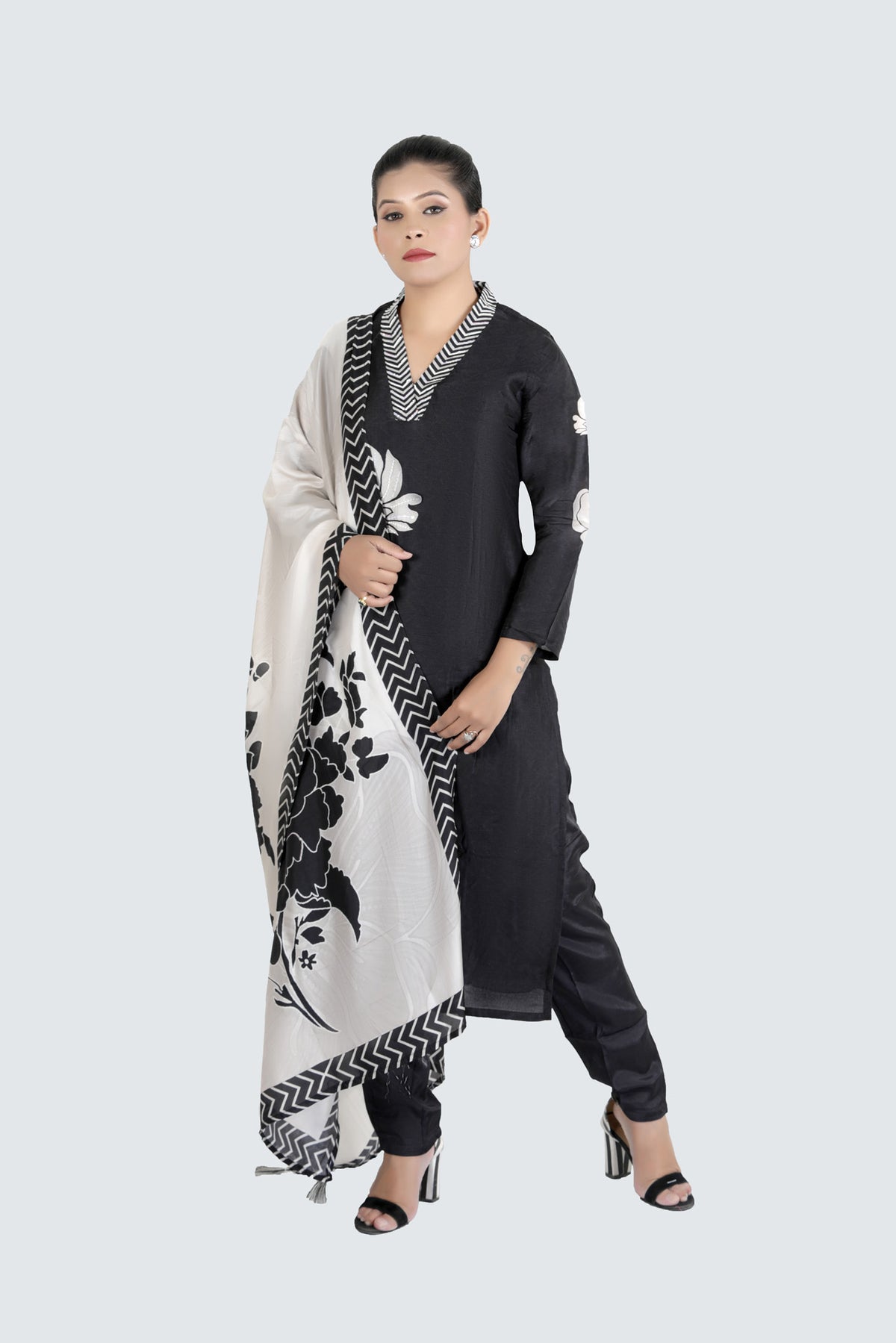 Black Colour Floral Printed Kurti Paired With Pant And Dupatta