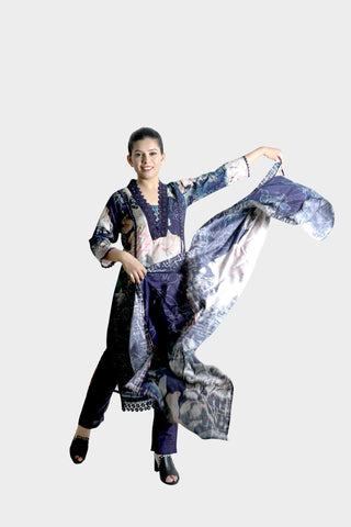 Blue Colour Printed Kurti Paired With Pant And Dupatta