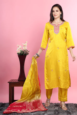 Yellow Colour Kurta Paired With Pant And Dupatta