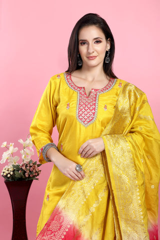 Yellow Colour Kurta Paired With Pant And Dupatta