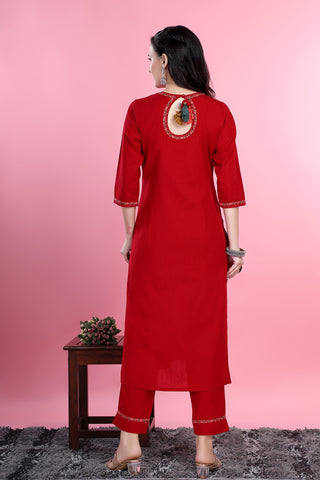 Red Colour Kurta Paired With Pant