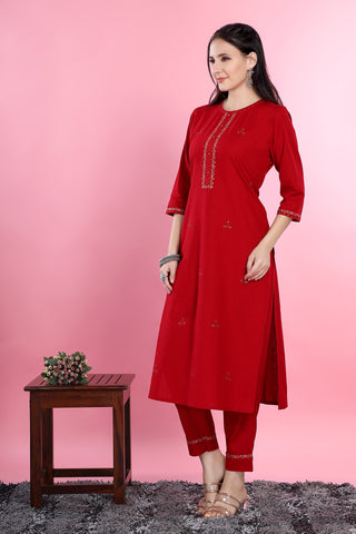 Red Colour Kurta Paired With Pant