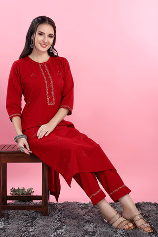 Red Colour Kurta Paired With Pant