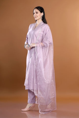 Lavender Colour V Neck Kurta Paired With Pant And Dupatta