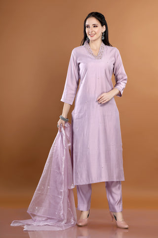 Lavender Colour V Neck Kurta Paired With Pant And Dupatta