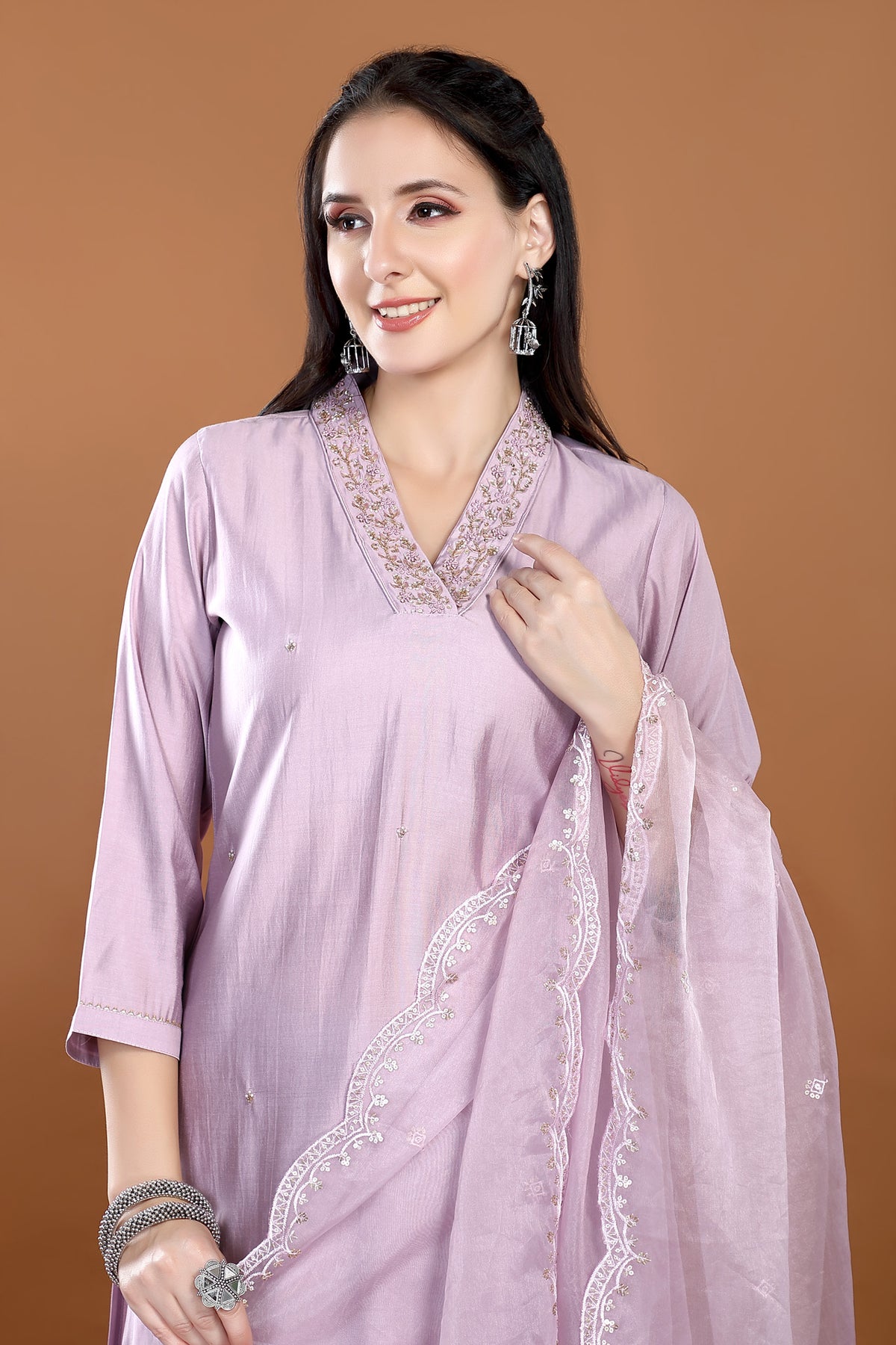 Lavender Colour V Neck Kurta Paired With Pant And Dupatta