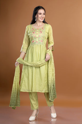 Pista Colour Round Neck Kurta Paired With Pant And Dupatta