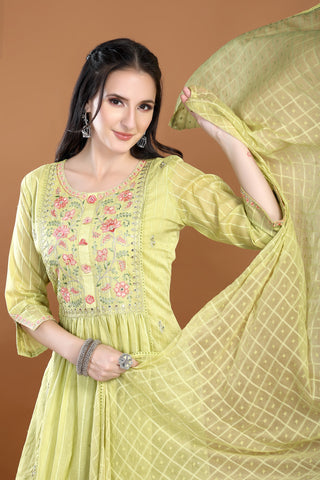 Pista Colour Round Neck Kurta Paired With Pant And Dupatta