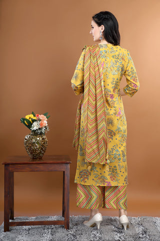 Yellow Colour Cotton Printed Kurta Paired With Pant And Dupatta