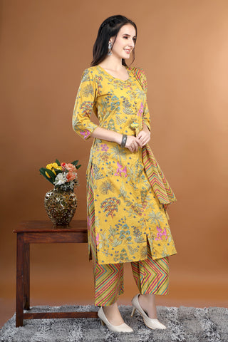 Yellow Colour Cotton Printed Kurta Paired With Pant And Dupatta