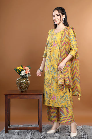 Yellow Colour Cotton Printed Kurta Paired With Pant And Dupatta